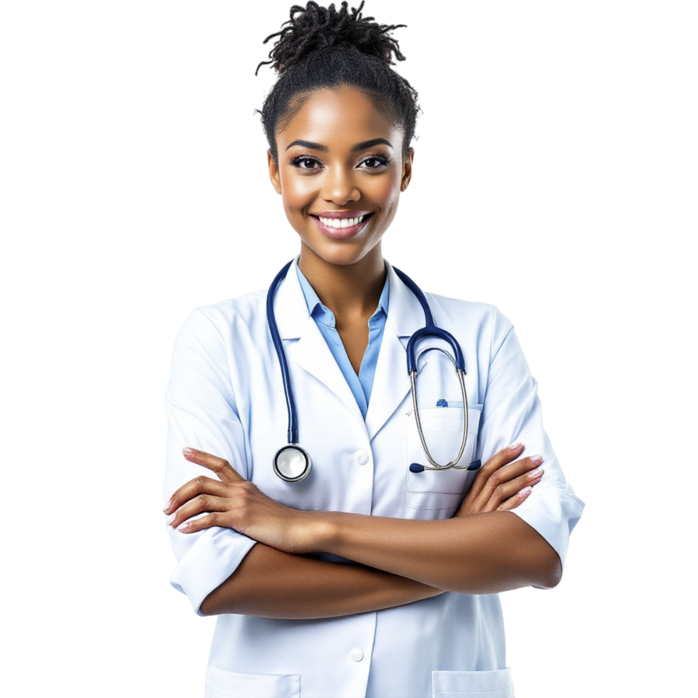 a smiling black female doctor with her arms crossed free png